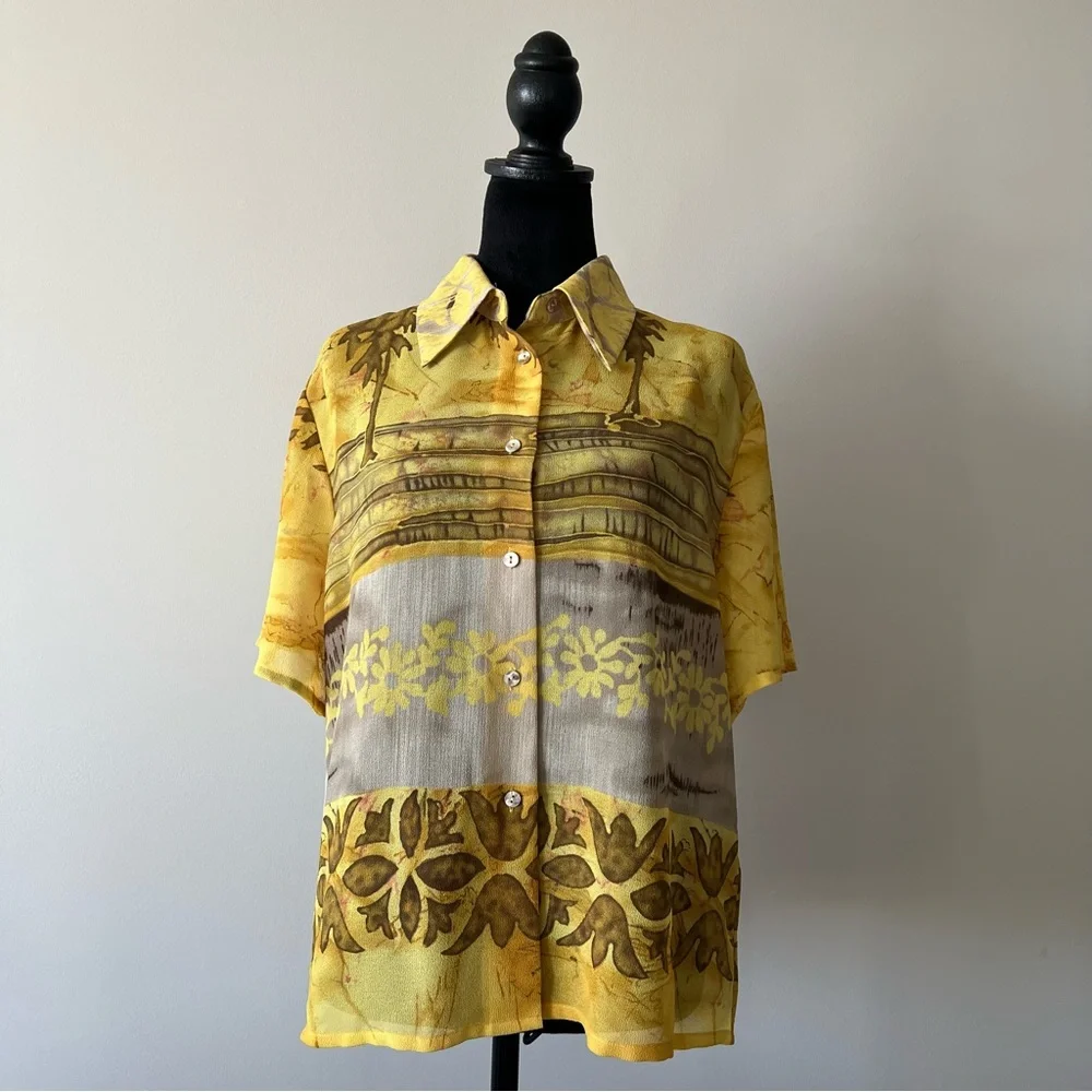 Vintage Hawaiian Yellow Organic Pattern Short Sleeve Button-Up Blouse - Picture 1 of 10